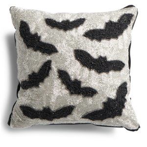 x2 Noir Night Halloween Beaded Throw Pillow Set Black Bat Silver Gothic Glam 14"
